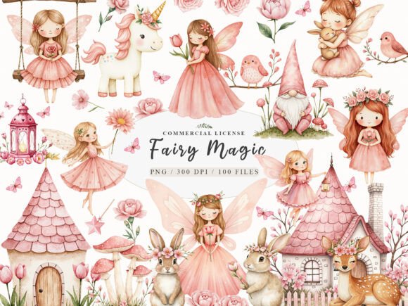 Download Watercolor Magical Garden Pink Fairies - Fairies Collection